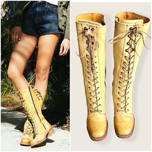Frye Shoes - 1960 VINTAGE Frye Campus Lug Lace Up Yellow Tan Banana Vintage Leather Tall Boot